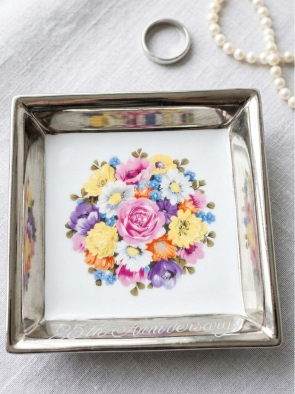 Saji Fine China Japan 25th Anniversary Square Trinket Dish Floral Silver Trim